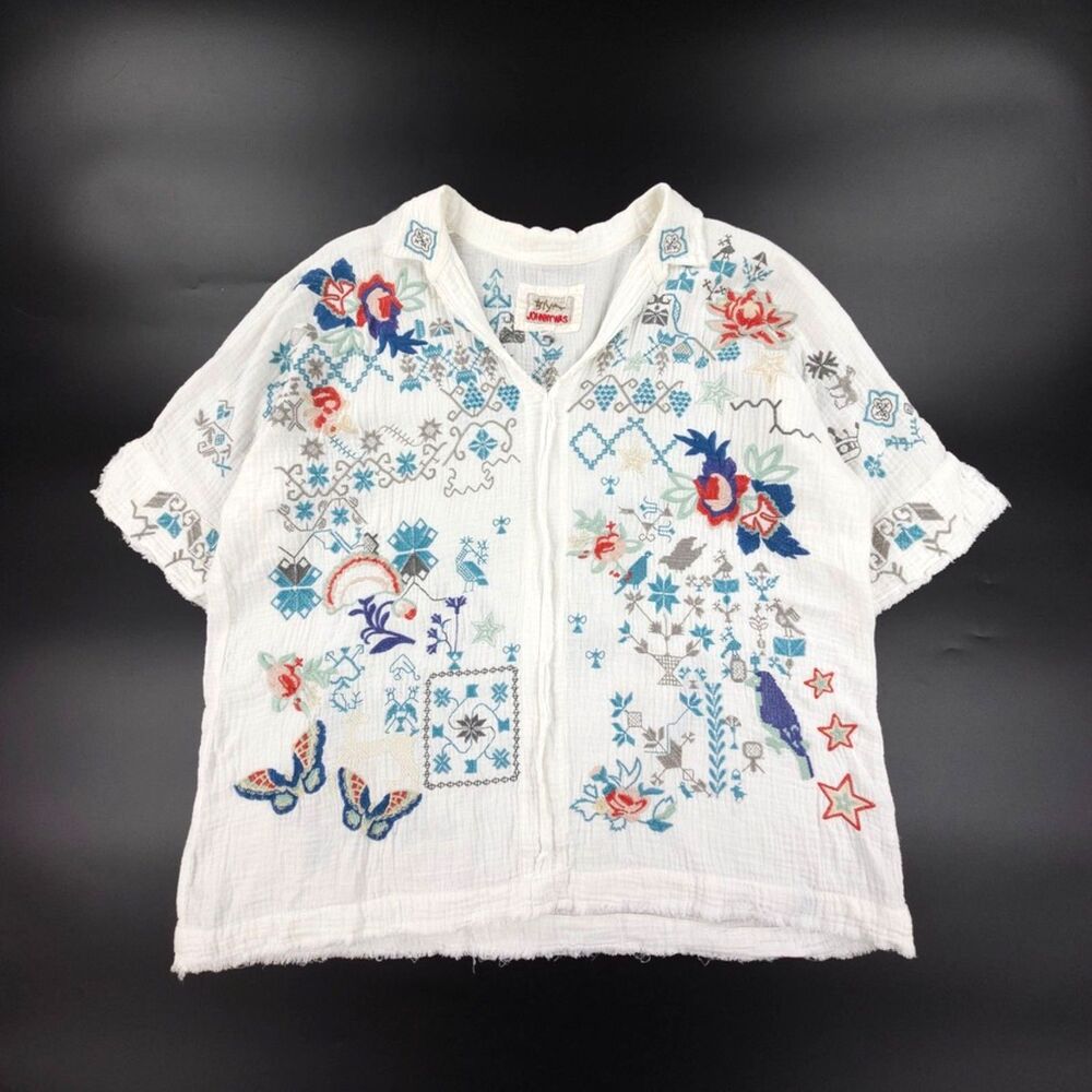 JOHNNY WAS Wodeleah Gauze Button Down Shirt Beachy Boho Coastal Western Hippie